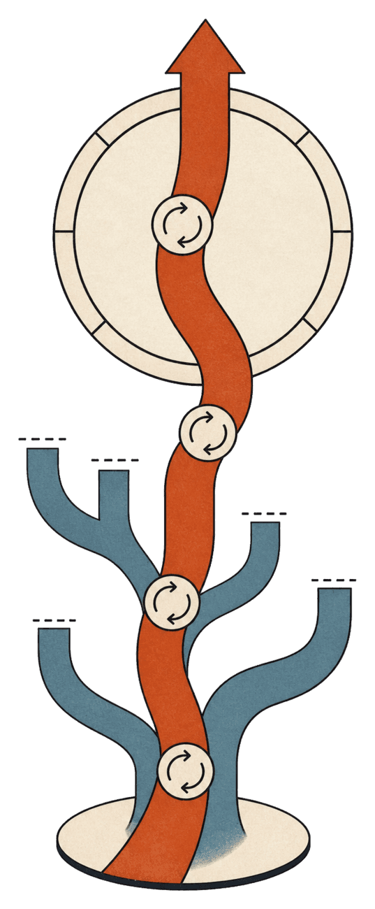 Alternative branches are cut off as feedback loops feed one recorded path.