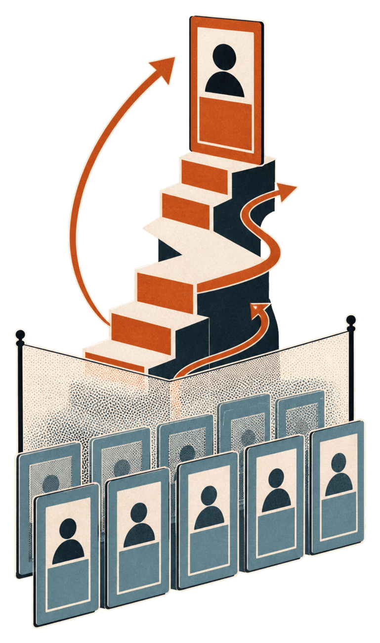 Creator cards remain screened at the bottom while one card rides a feedback staircase upward.