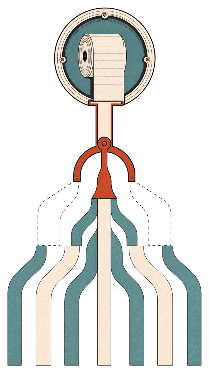 Several possible paths approach a selector, but only one continues into the market record.