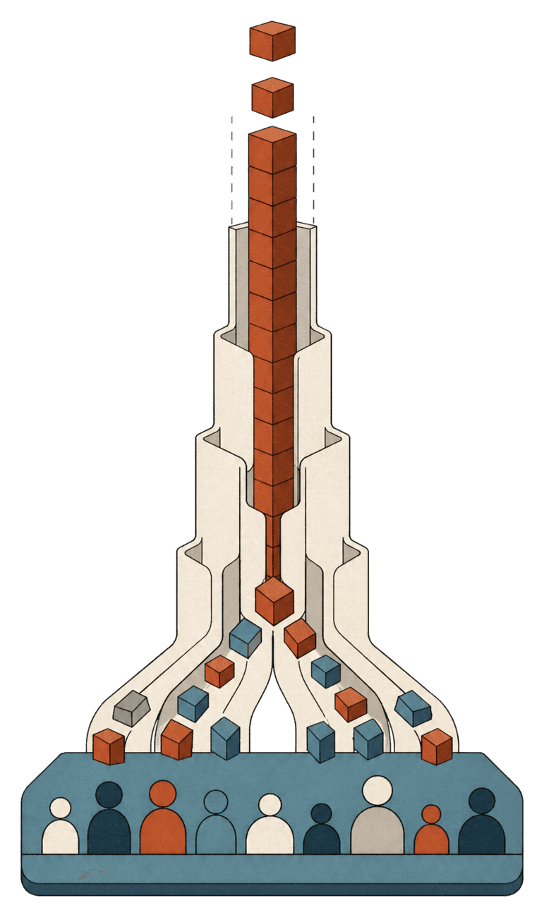 A narrow tower of rewards is partly distributed through channels into a broad floor supporting many people.