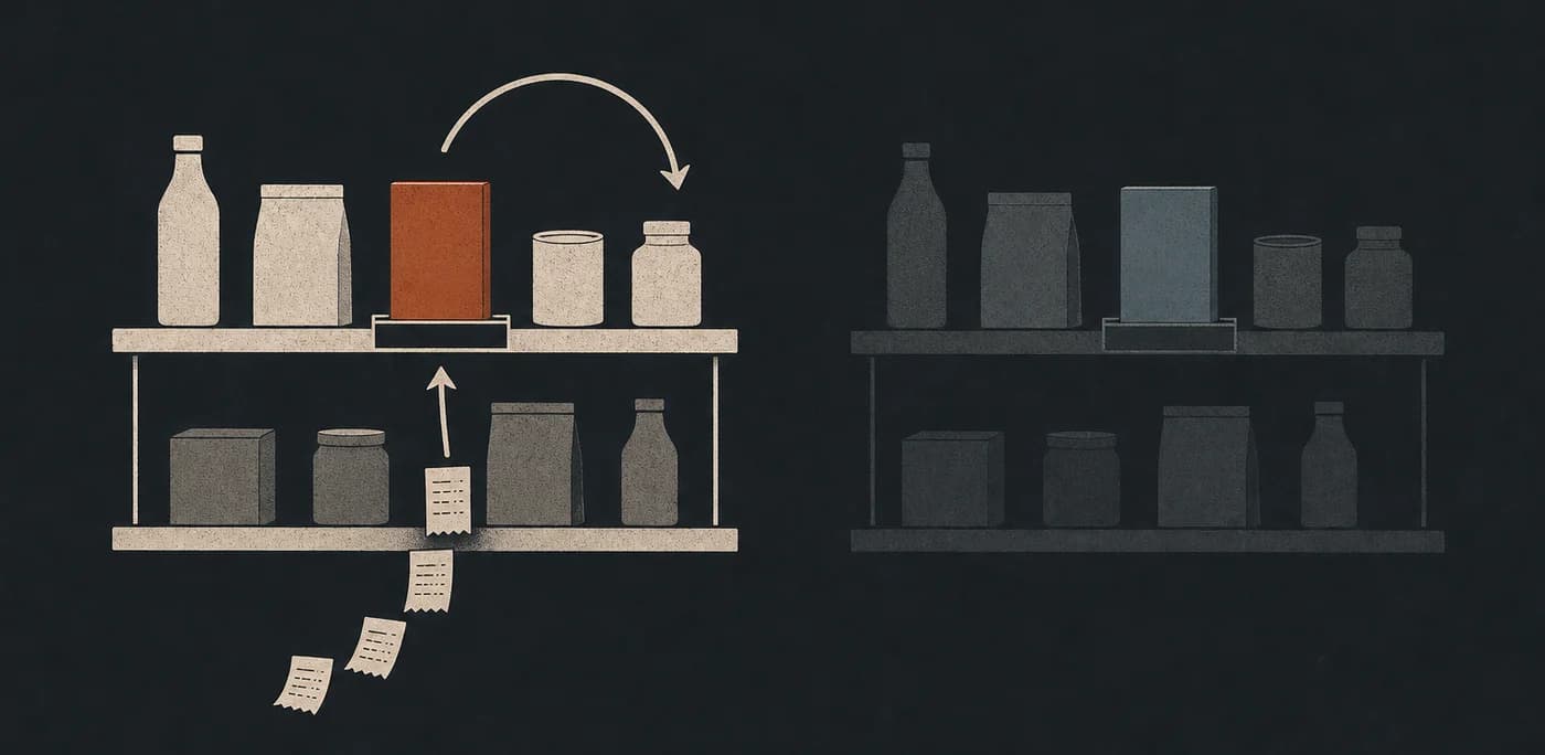 One product is repeatedly promoted by sales on the observed shelf, while a faint second shelf shows the unrealized rerun with a different product in front.